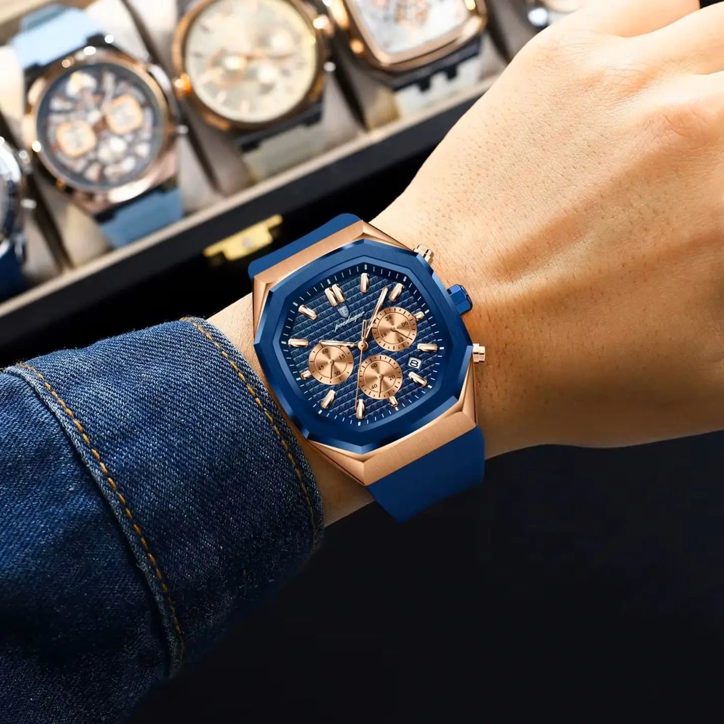 Montre Chronographe Acier — Design Octogonal Premium