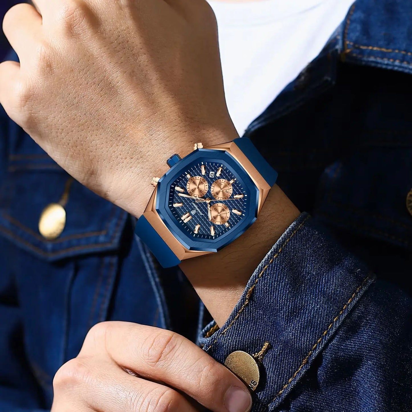 Montre Chronographe Acier — Design Octogonal Premium