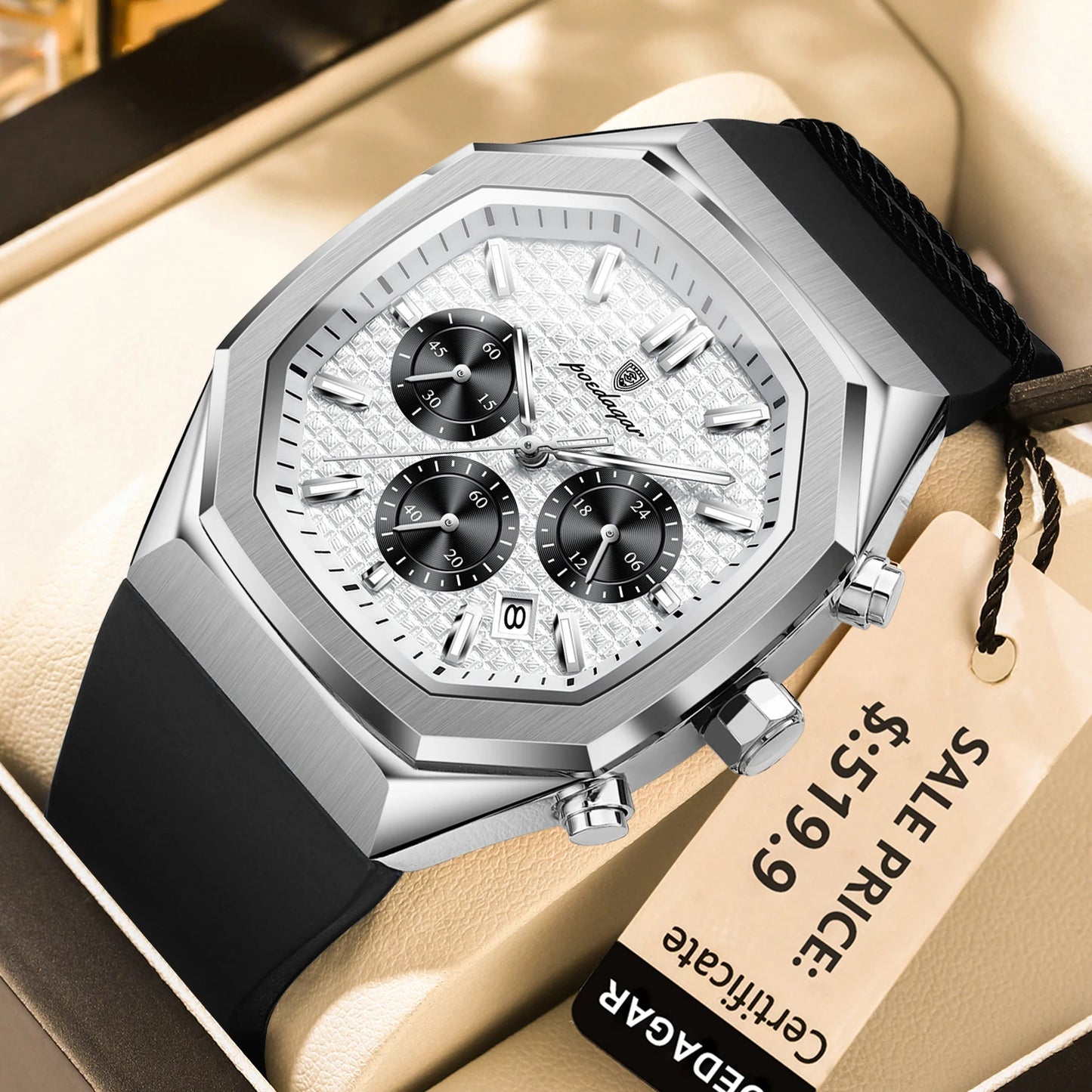 Montre Chronographe Acier — Design Octogonal Premium